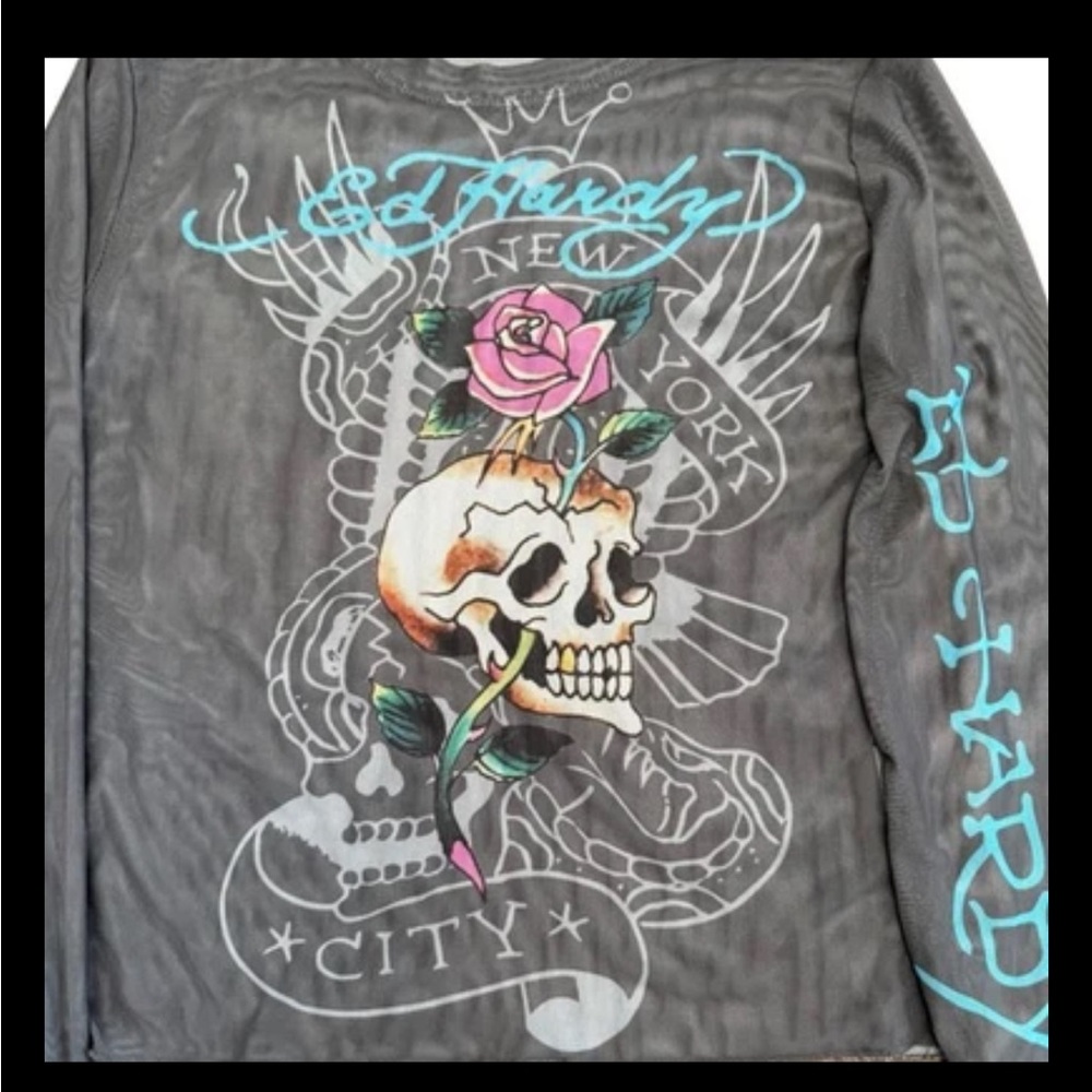 Vintage Ed Hardy Mesh Sheer Long Sleeve Top Skull Rose Tattoo Graphic Women’s M - Picture 7 of 10